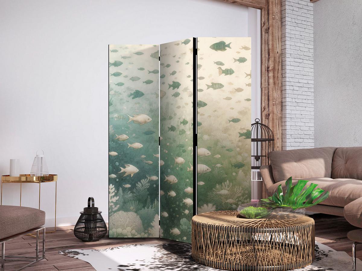 PARAVENT Akustik 3-tlg 135x172 cm Fischschwarm im Boho Stil - Grün, Holz/Textil (135/172/3cm) - Muralo