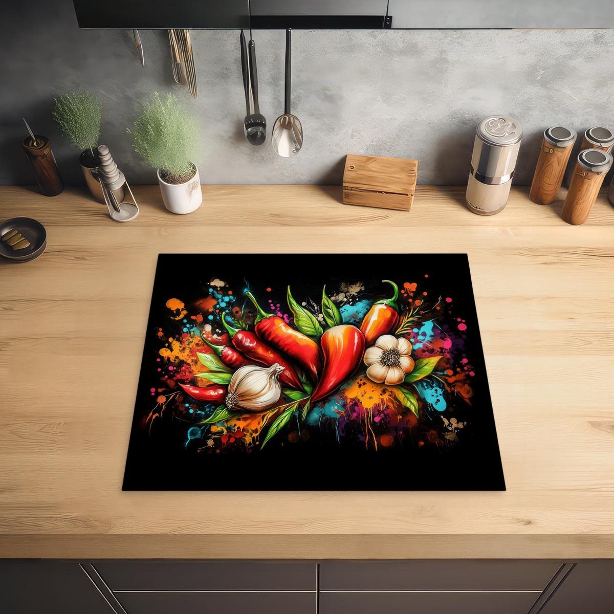 HERDABDECKPLATTE Gemüse - Paprika - Knoblauch - Graffiti - Farbe - Bunt Ceranfeldabdeckung 59x52 cm - Rot, Kunststoff (59/52/0.2cm) - MuchoWow
