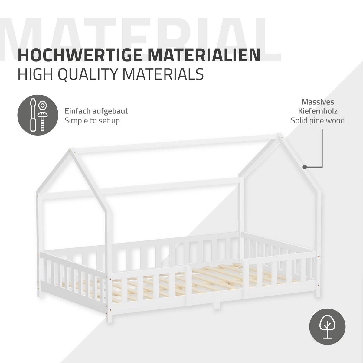 KINDERBETT 120x200 cm mit Rausfallschutz Weiß aus Kiefernholz - Weiß, Holz (120/200cm) - ML-DESIGN