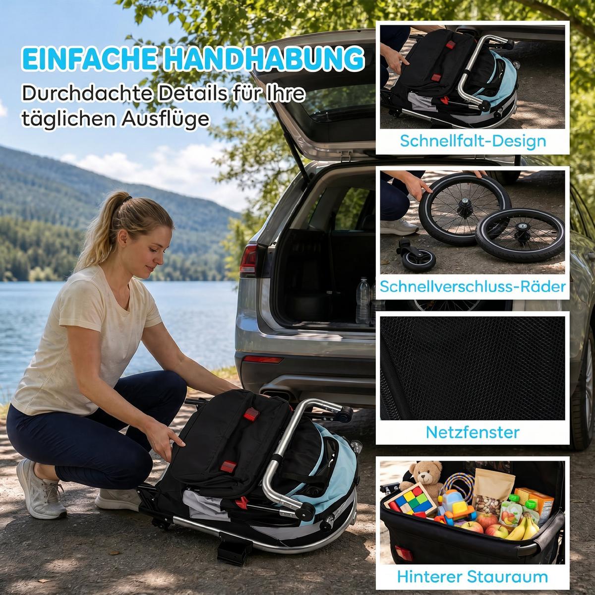 KINDER-FAHRRADANHÄNGER Stahl Aluminium Hellblau - Hellblau, Metall (65/98/155cm) - AIYAPLAY