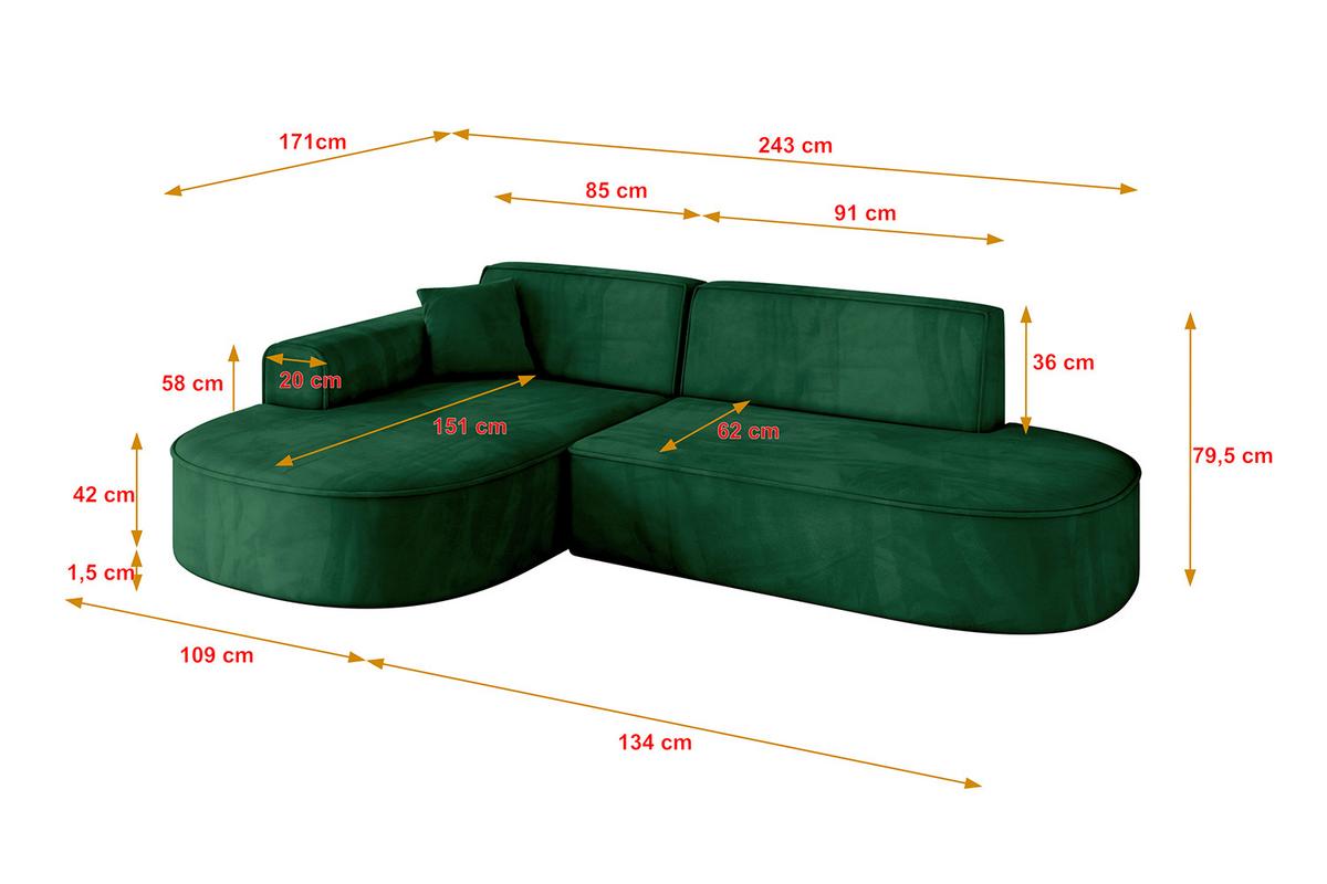 ECKSOFA Ottomane Links MARI-L1 - 243x171x79 cm Dunkelgrün Velours - Dunkelgrün/Schwarz, Holzwerkstoff/Kunststoff (243/171cm) - ALTDECOR