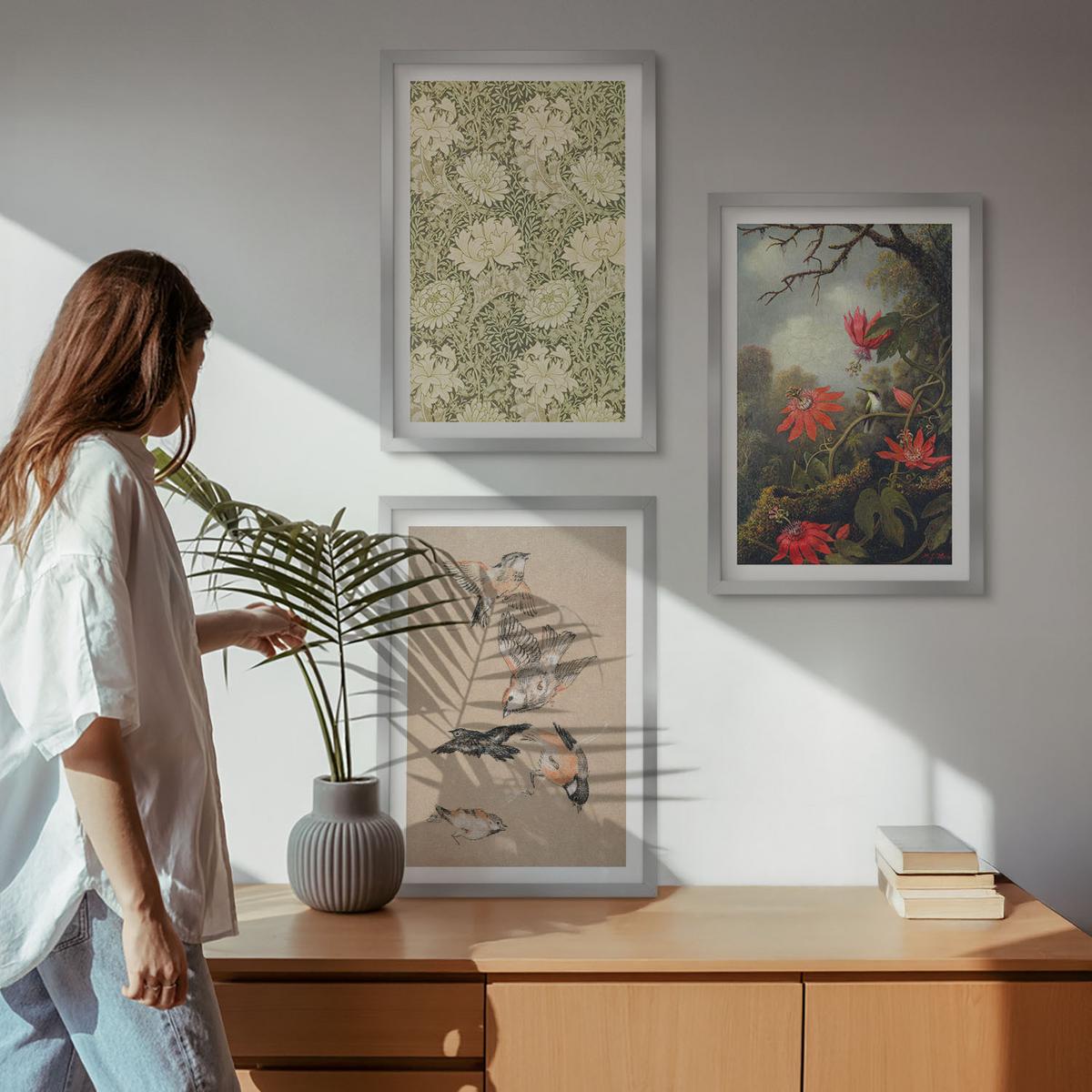 BILDER SET 3er Set - 40x60 cm Silberner Rahmen - Blumen, Vögel, Natur - Silberfarben, Kunststoff (40/60cm) - TULUP