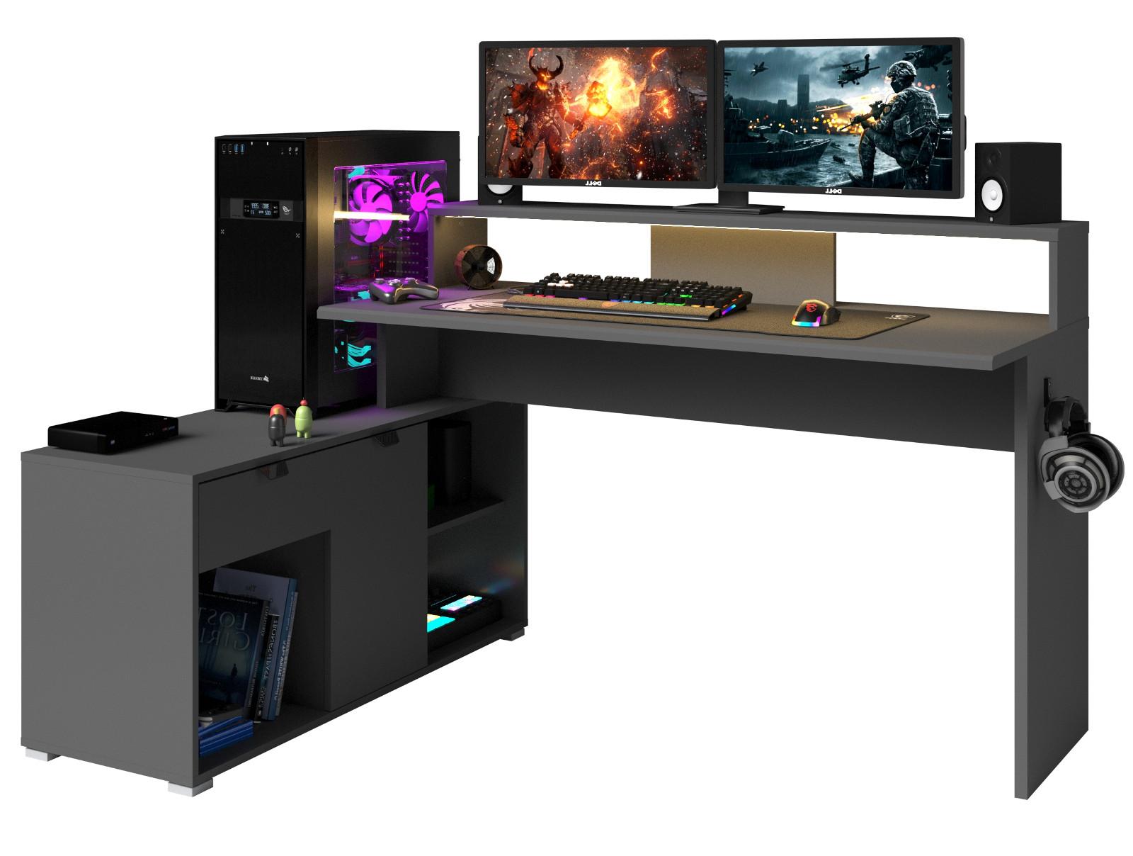 GAMINGTISCH schwarz, grau 229 cm, Gamer Winkelschreibtisch inkl. LED mit Farbwechsel - Schwarz/Grau, Holzwerkstoff/Kunststoff (60/229/95cm) - Parisot Meuble