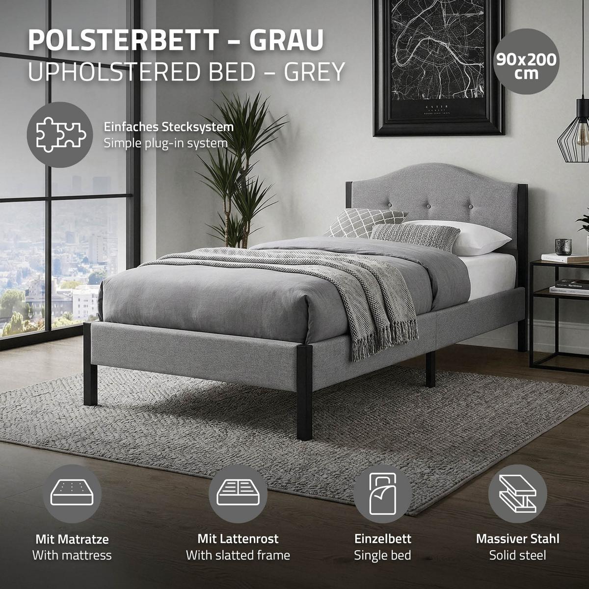 POLSTERBETT 90x200 cm Grau Bettgestell mit Matratze und Lattenrost - Beige/Grau, Holz/Textil (90/200cm) - ML-DESIGN