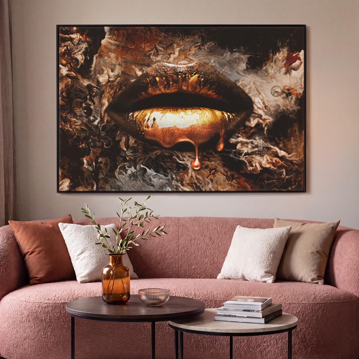 LEINWAND Bilder mit Rahmen - Gold - Lippen - Kunst - Gold - Luxus - Abstrakt - 120x80 - Kupferfarben, Textil (120/80cm) - MuchoWow