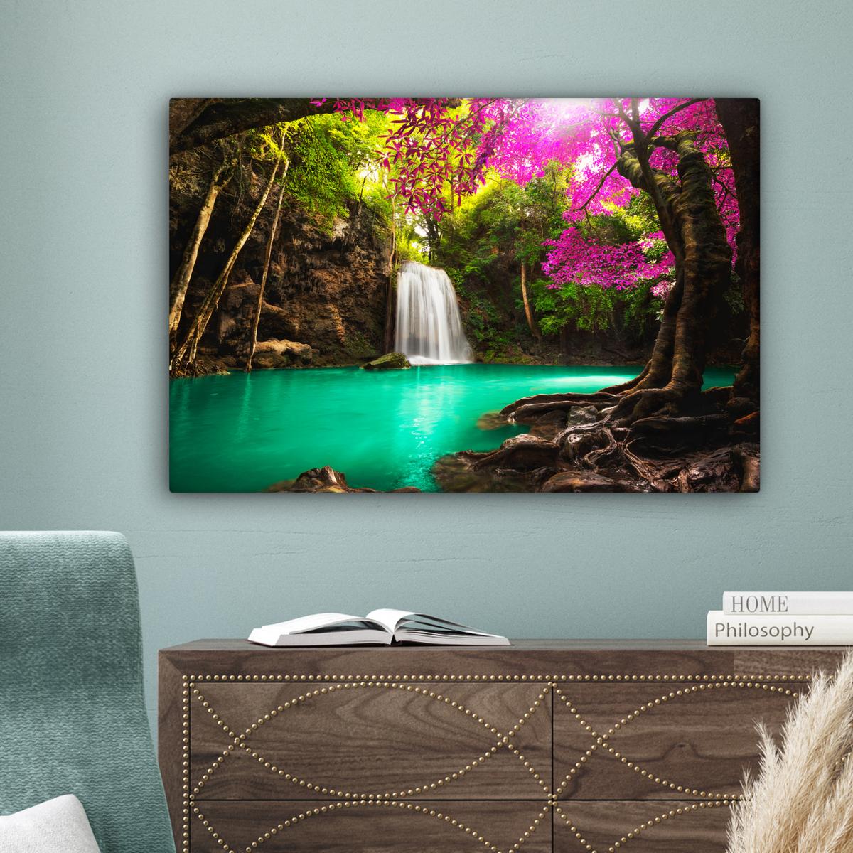 LEINWANDBILD Wasserfall mit bunten Blumen und Bäumen - Natur - Dschungel Gemälde 60x40 cm - Waldgrün, Textil (60/40cm) - MuchoWow