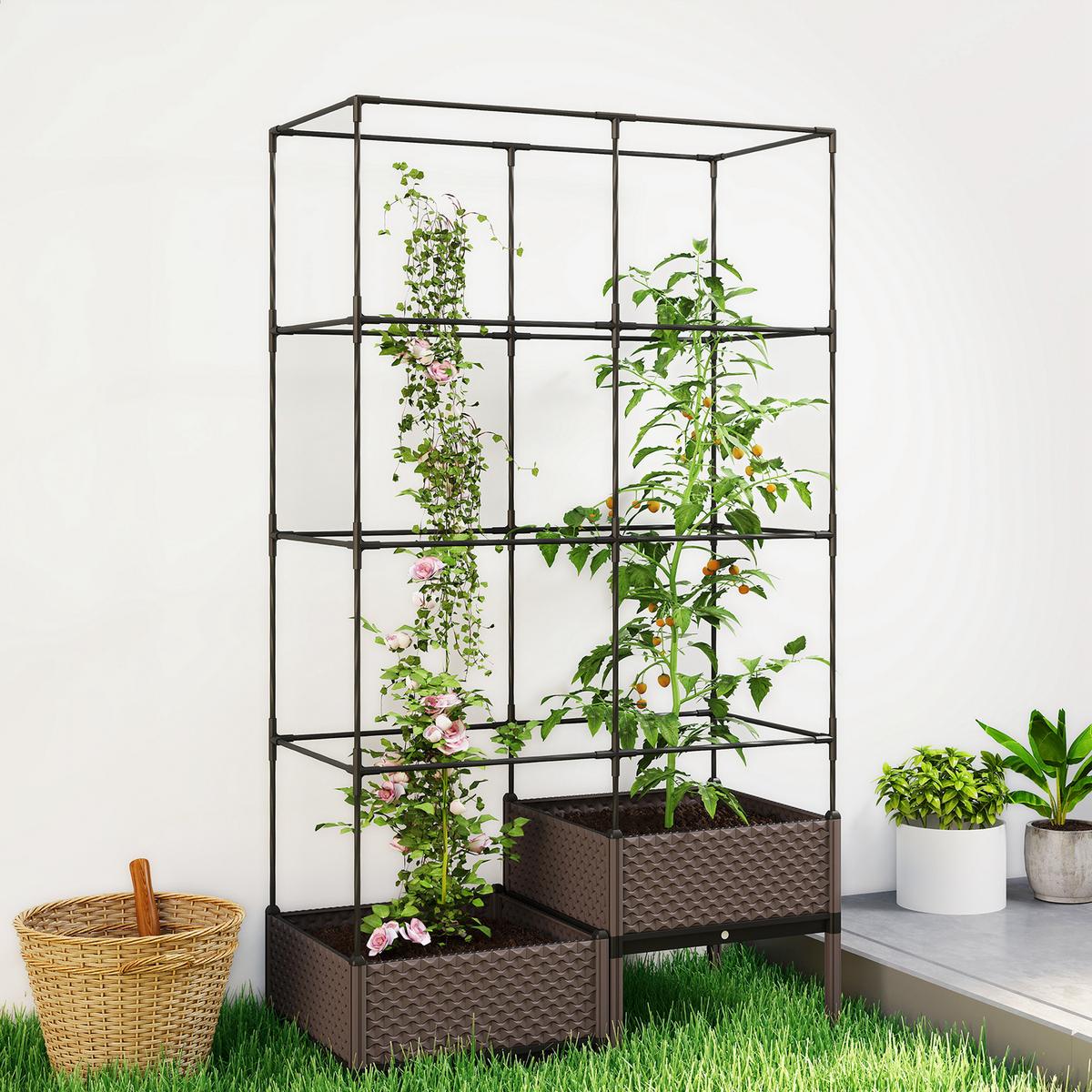 HOCHBEET Pflanzkasten mit Rankgitter, Abflusslöchern, Pflanzkübel aus Kunststoff - Schwarz, Metall (50/174/100cm) - Outsunny