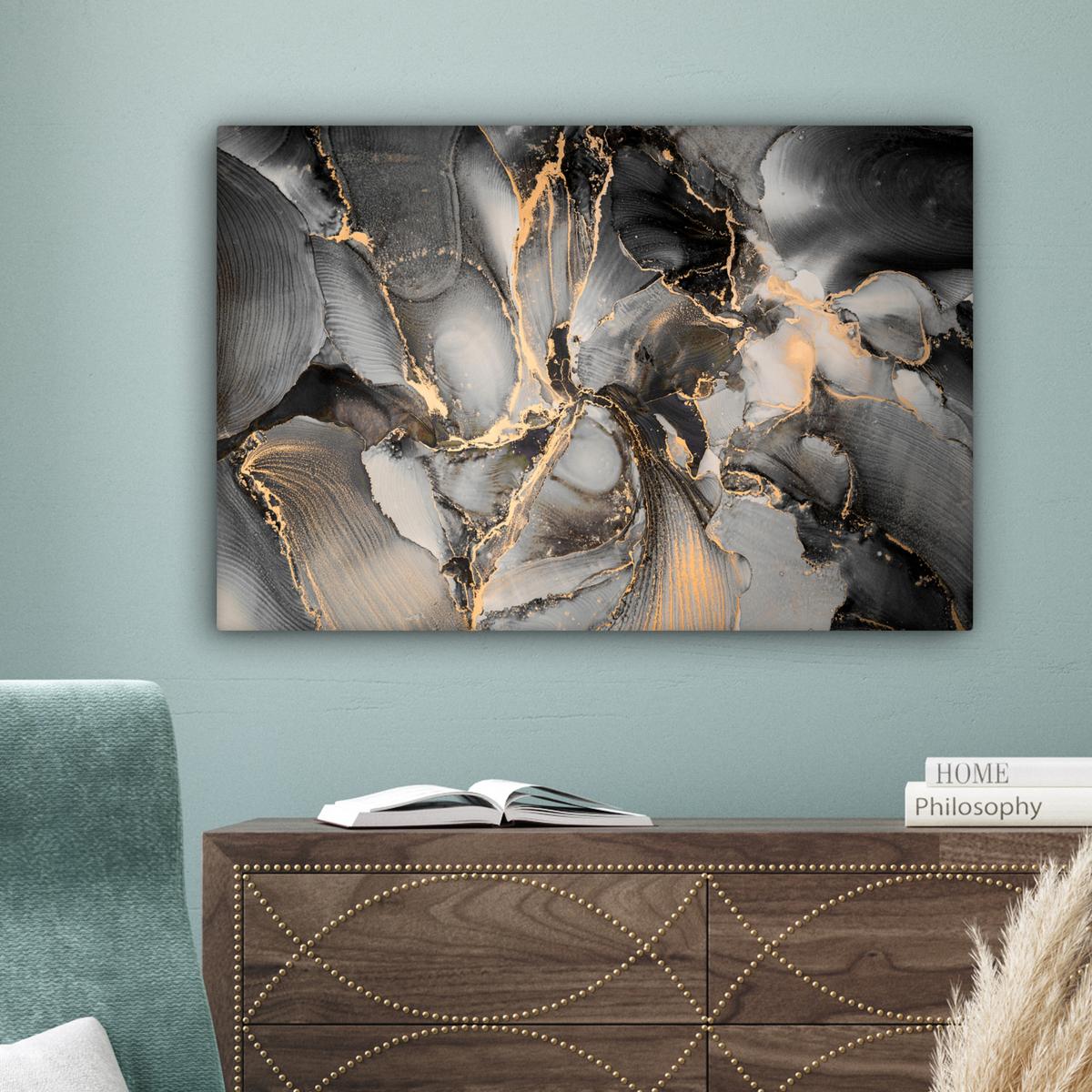 LEINWANDBILD Grau - Luxus - Gold - Marmor Gemälde 60x40 cm - Dunkelgrau, Textil (60/40cm) - MuchoWow