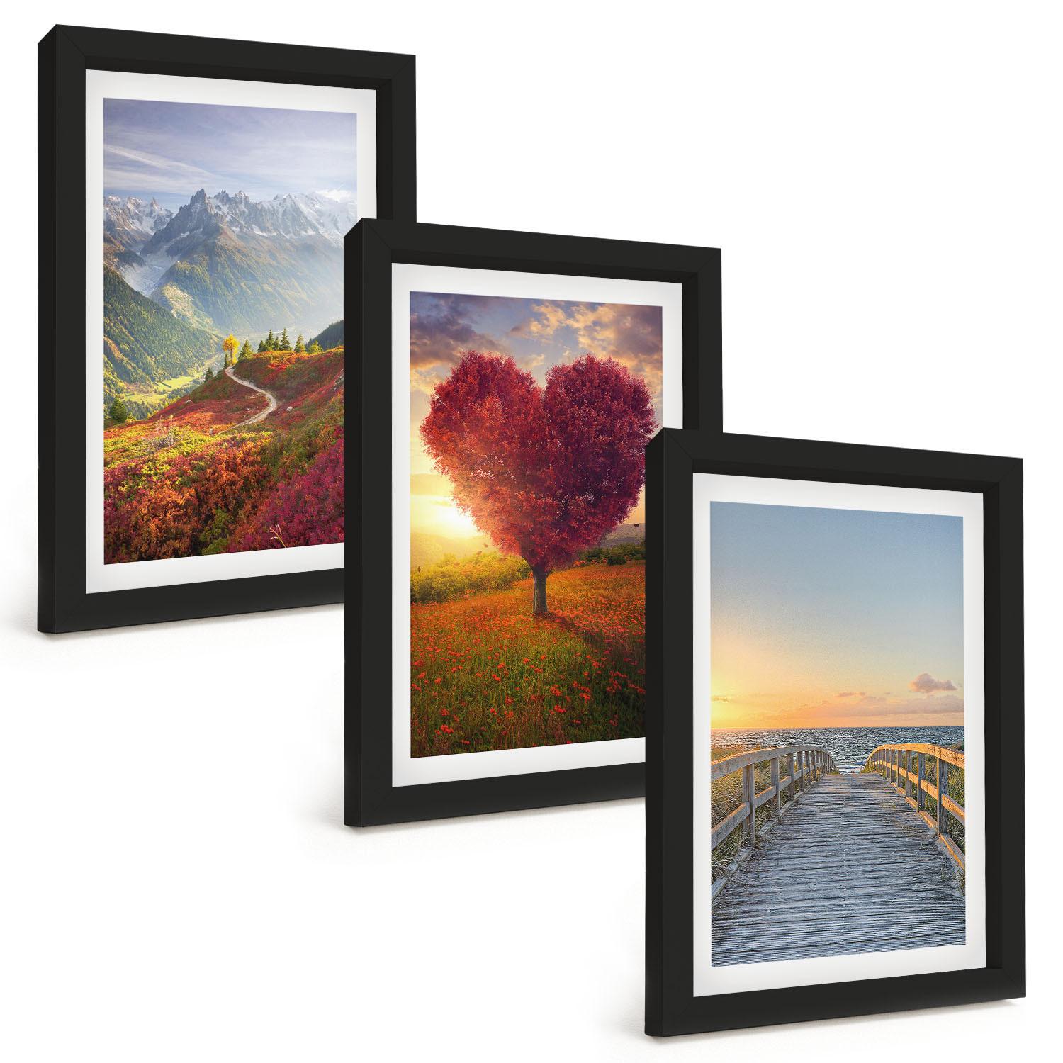 BILDER SET 3er Set - 20x30 cm Schwarzer Rahmen - Landschaften Berge Baum Herz Pier - Schwarz, Kunststoff (20/30cm) - TULUP