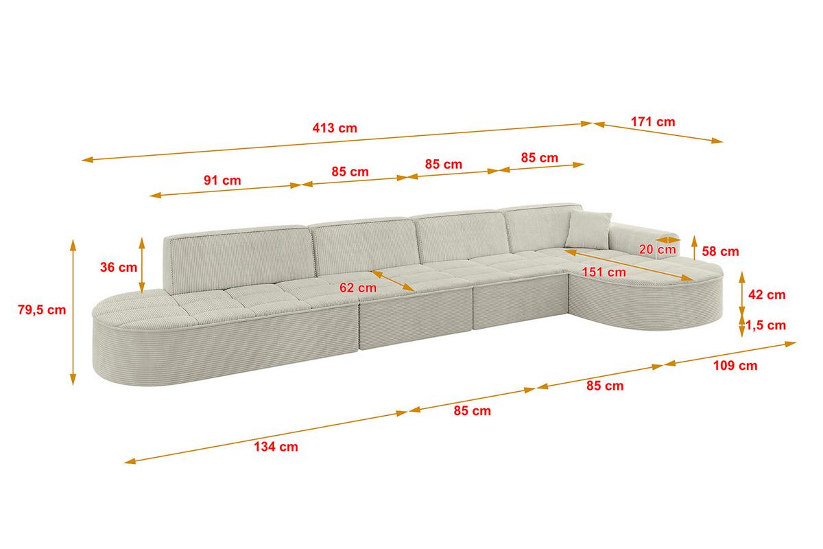 ECKSOFA Ottomane Rechts TARO-L3 - 413x171x79,5 cm Creme - Hellgrau/Creme, Holzwerkstoff/Textil (413/171cm) - ALTDECOR