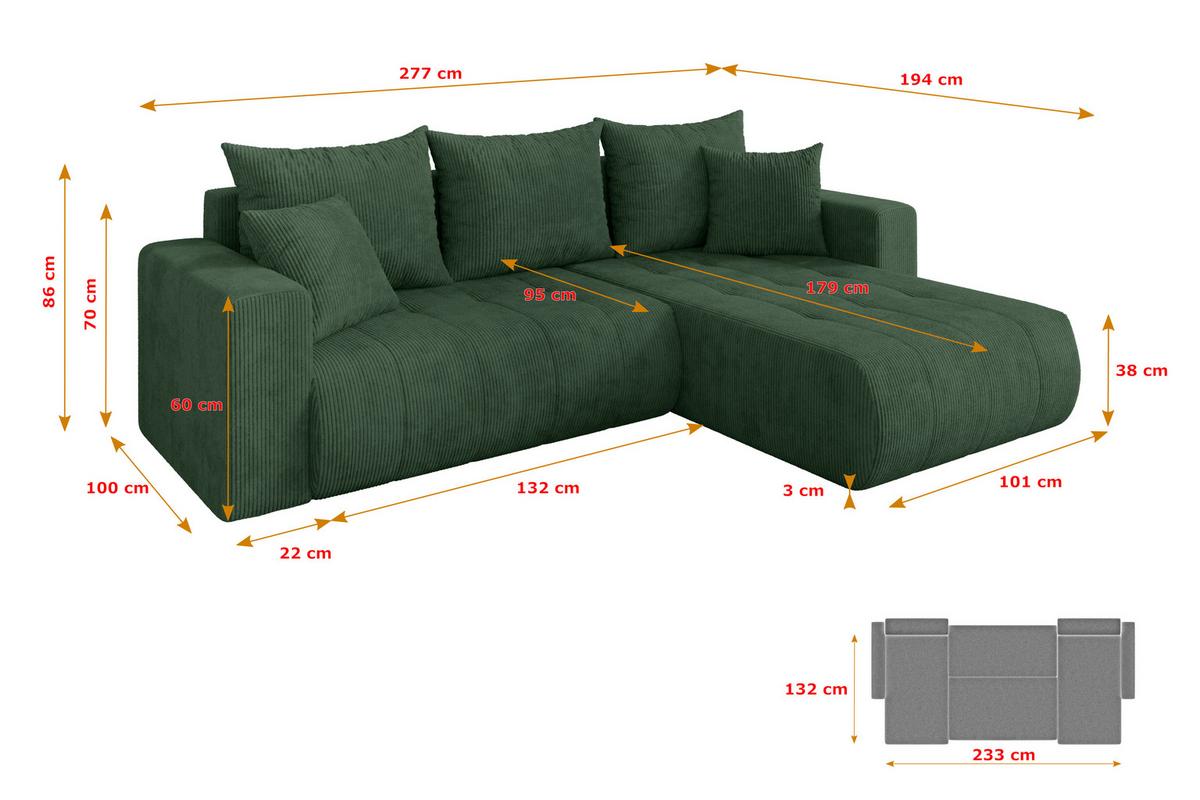 ECKSOFA mit Schlaffunktion Ottomane Rechts MILA-L 277x194x86 Grün Cord - Dunkelgrün/Schwarz, Holzwerkstoff/Kunststoff (277/194cm) - ALTDECOR