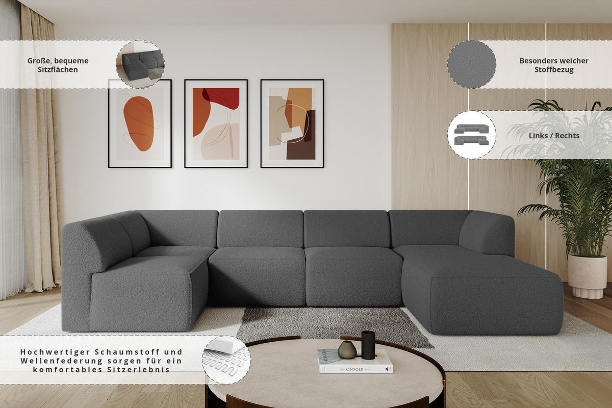 WOHNLANDSCHAFT Ottomane Rechts MOVO-L 345x180x78 cm Grau Bouclé - Chromfarben, Holzwerkstoff/Kunststoff (180/78/345cm) - ALTDECOR