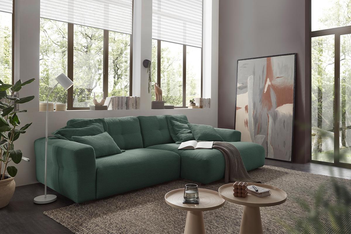 ECKSOFA XL MIKA Smaragdgrün Cord - Smaragdgrün/Schwarz, Kunststoff/Textil (296/167cm) - KAWOLA