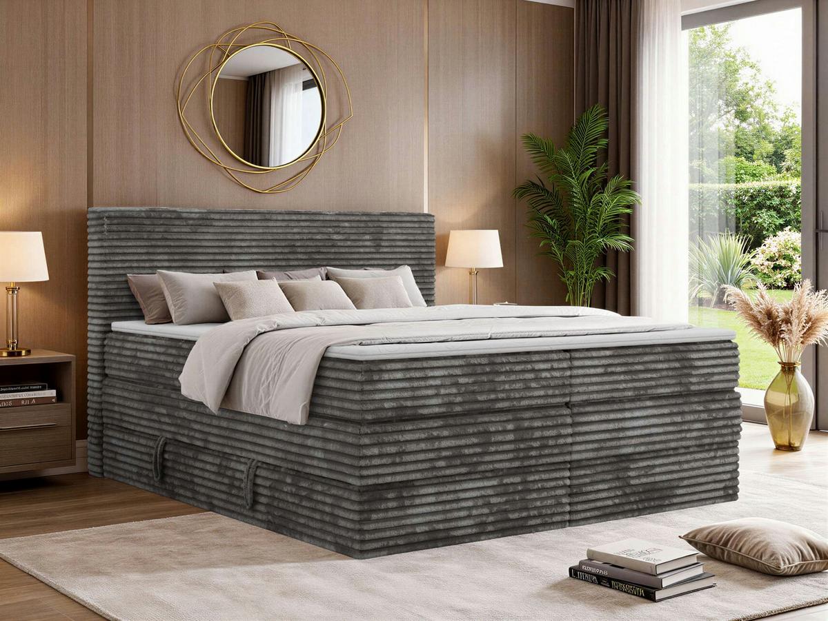 BOXSPRINGBETT TILION KING 180/200 - Grau Cord - Topper Visco - H4 - Schwarz/Grau, Kunststoff/Textil (180/200cm) - MKS