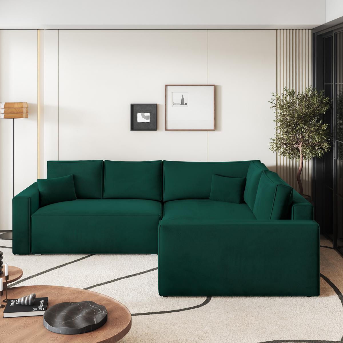 ECKSOFA ERONIS R-S Grün Velours-Stoff mit Schlaffunktion - Grün, Holz (265/194cm) - MASSENO