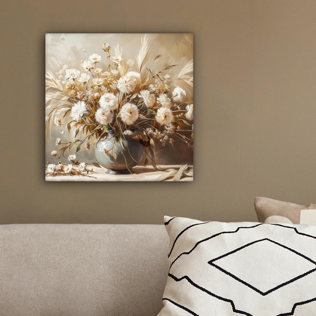 LEINWANDBILD Blumen - Vase - Stilleben - Beige Deko Wohnzimmer 20x20 cm - Creme, Textil (20/20cm) - MuchoWow