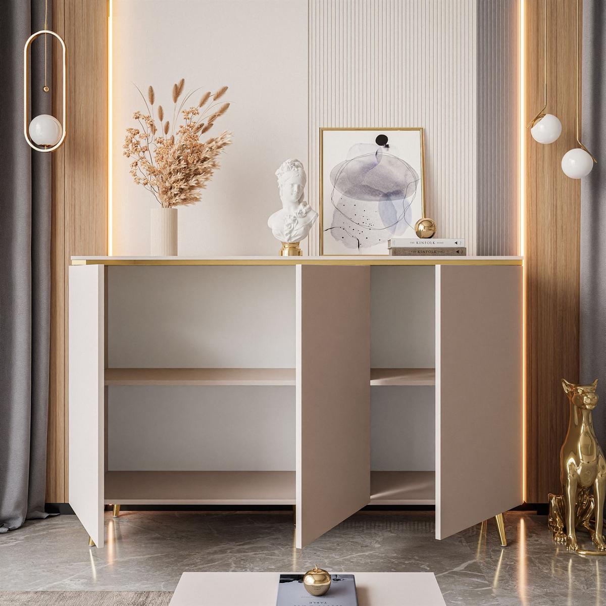 KOMMODE AURORA 3D Kaschmir mit schräge Goldchrom Fuße - Kaschmir/Goldfarben, Holzwerkstoff/Metall (140/90/40cm) - Lookway