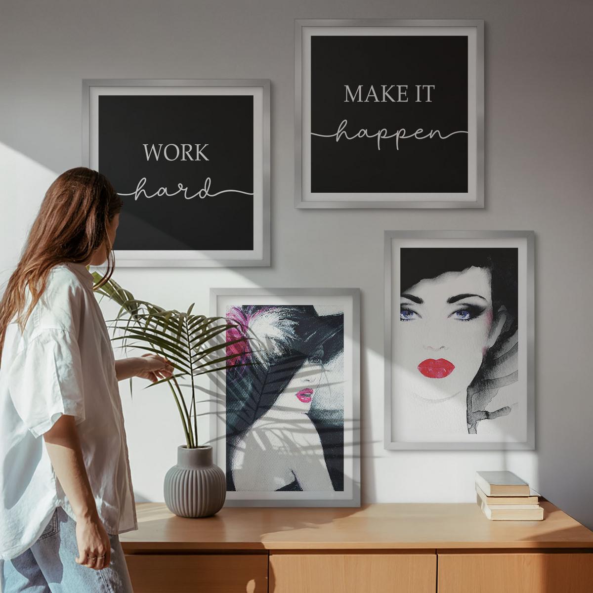 BILDER SET 4er Set - 50x50 cm & 40x60 cm Silberner Rahmen - Porträts von Frauen mit Lippen - Silberfarben, Kunststoff (50/50cm) - TULUP