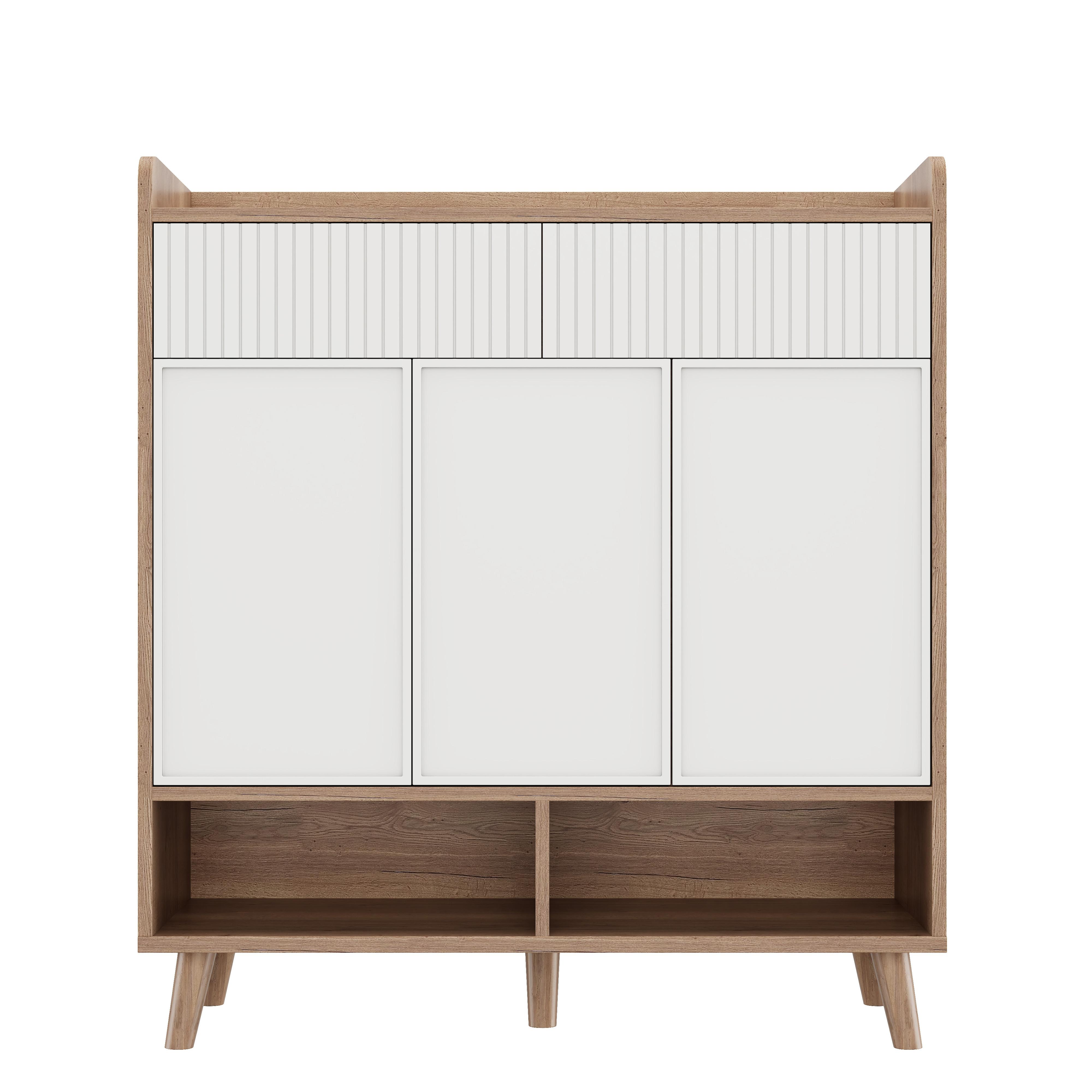 SCHUHSCHRANK weiß & holzoptik, 3 türen & 2 schubladen mit rillendesign - Naturfarben, Holzwerkstoff (90/100/35cm) - Urban Meuble