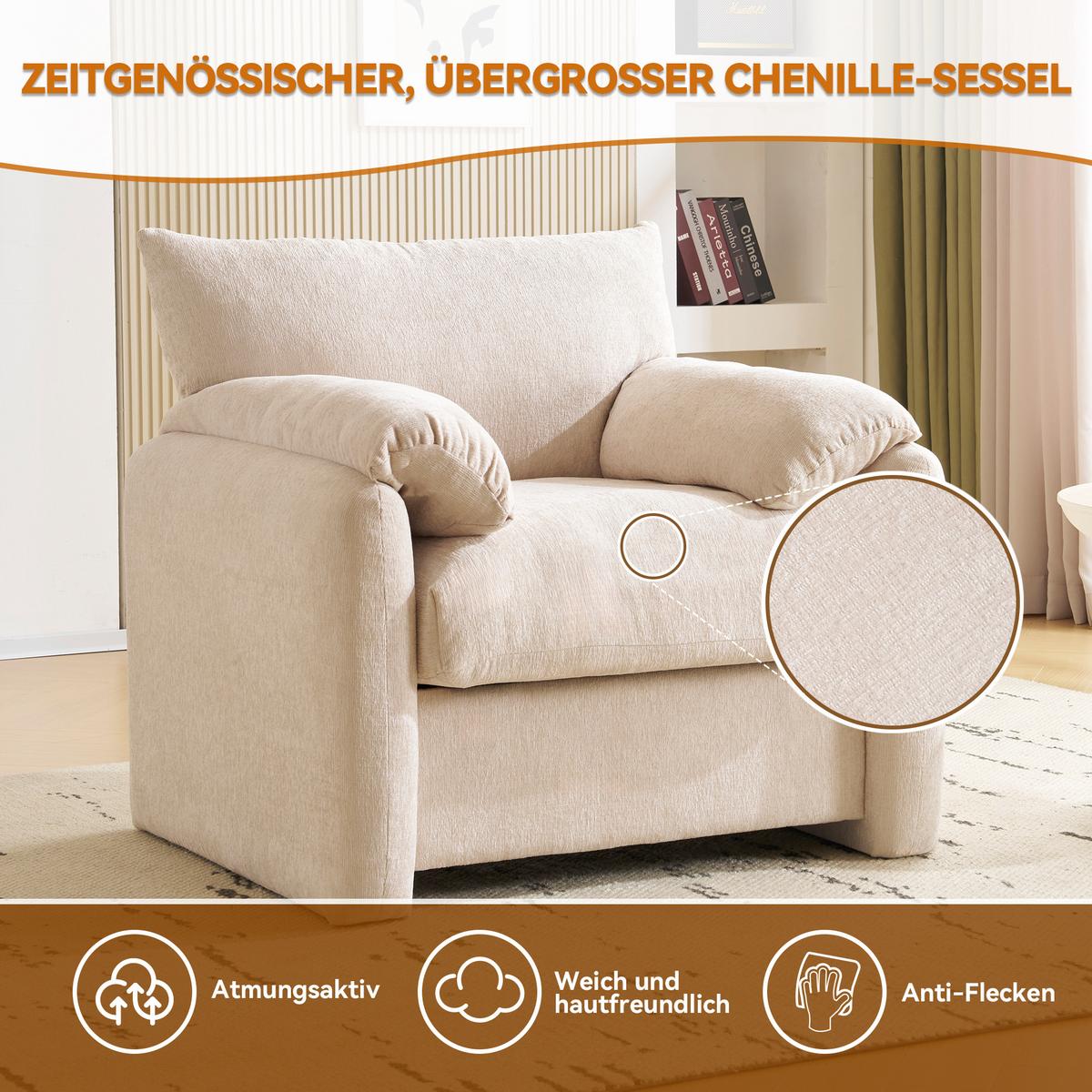 SESSEL Chenille Beige 96 cm Lounge Sessel mit Armlehnen und breiter Sitzfläche für Wohnzimmer - Beige, Textil (96/84/82cm) - Urban Meuble