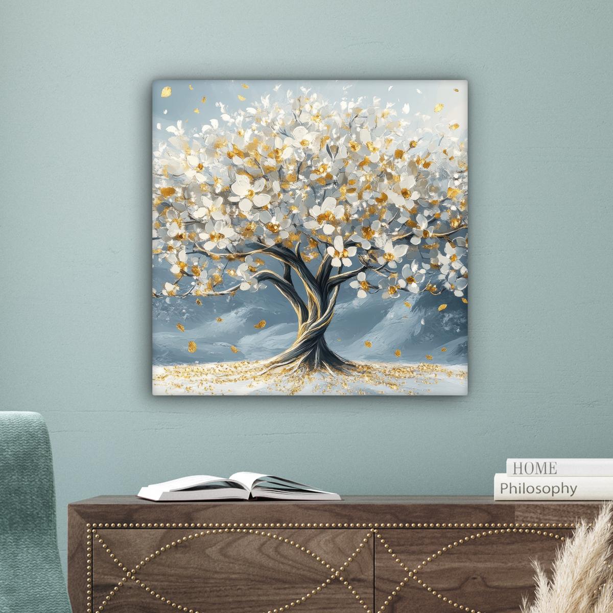 LEINWANDBILD Baum - Winter - Baum des Lebens - Modern - Gold Wandbild Wohnzimmer 50x50 cm - Goldfarben, Textil (50/50cm) - MuchoWow