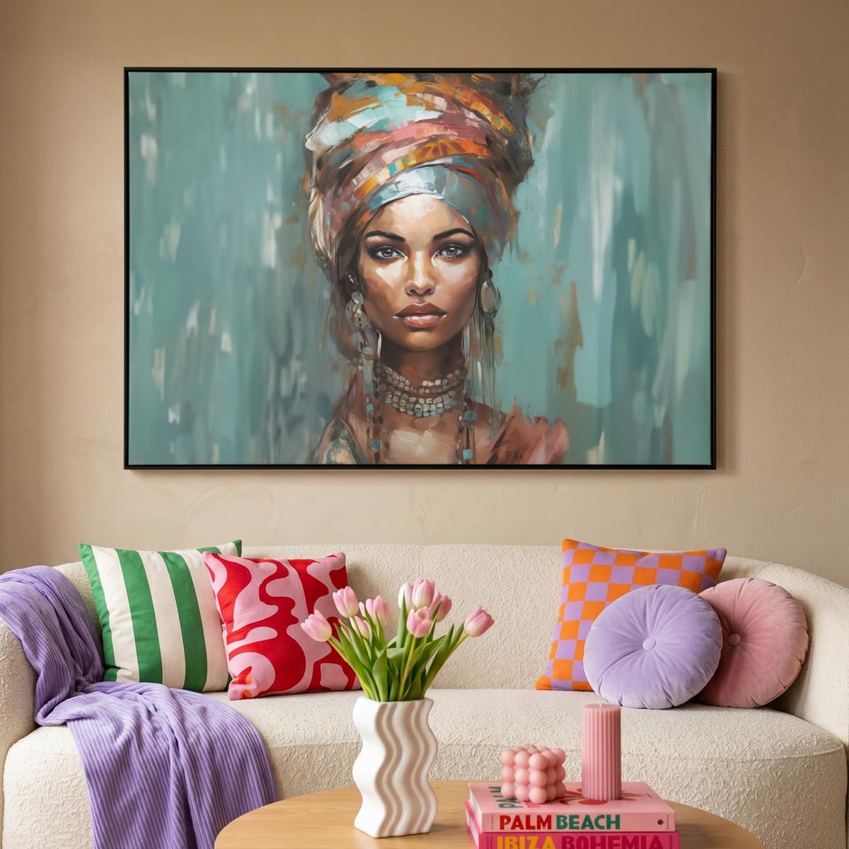 LEINWAND Bilder mit Rahmen - Frau - Kunst - Schmuck - Porträt - 120x80 - Blaugrau, Textil (120/80cm) - MuchoWow