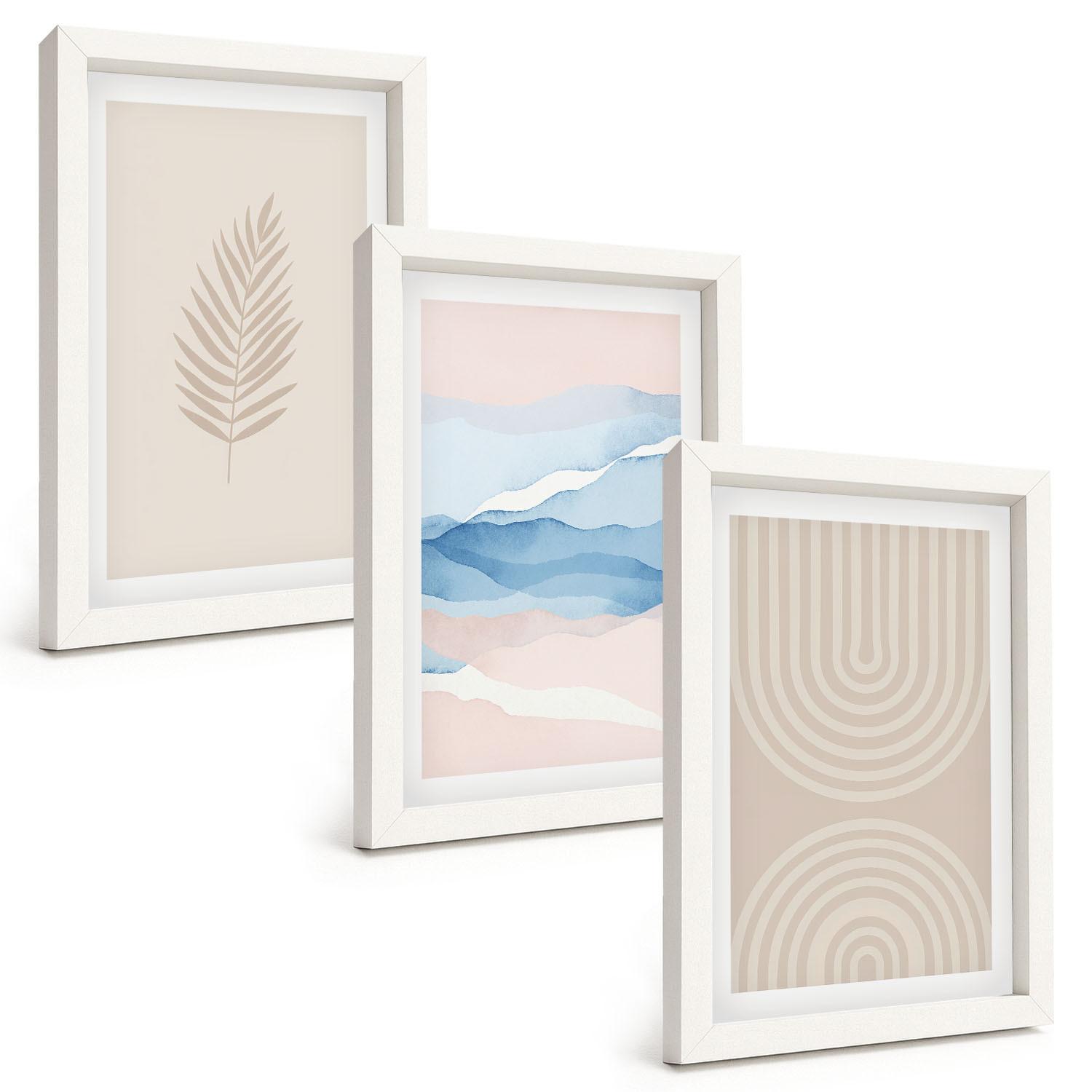 BILDER SET 3er Set - 20x30 cm Weißer Rahmen - Blätterwellen beige blau - Weiß, Kunststoff (20/30cm) - TULUP