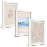 BILDER SET 3er Set - 20x30 cm Weißer Rahmen - Blätterwellen beige blau - Weiß, Kunststoff (20/30cm) - TULUP