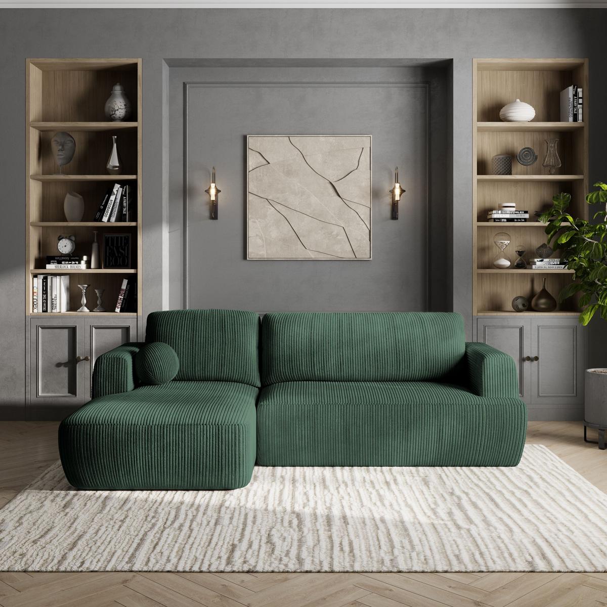 ECKSOFA SENTI P L-S Grün Kordstoff mit Schlaffunktion - Schwarz/Grün, Holz/Kunststoff (246/148cm) - MASSENO