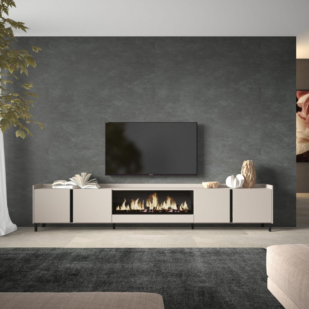 LOWBOARD, Beige, 315/35/61cm, Kamin mit Feuereffekt XXL - Beige, Holzwerkstoff (315/61/35cm) - Skraut Home