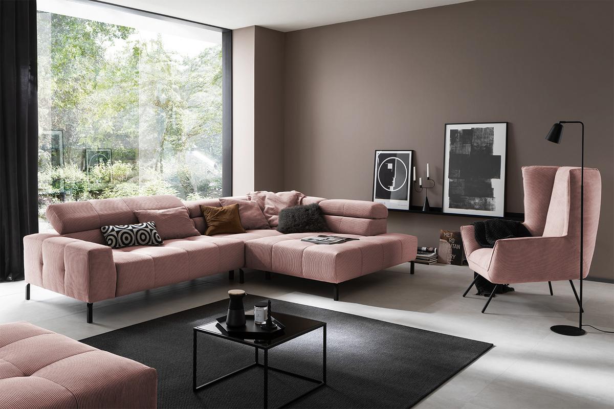 ECKSOFA MIT MOTORISCHEM SITZVORZUG OHIO Pink Cord Relaxfunktion - Schwarz/Rosa, Textil/Metall (311/219cm) - KAWOLA