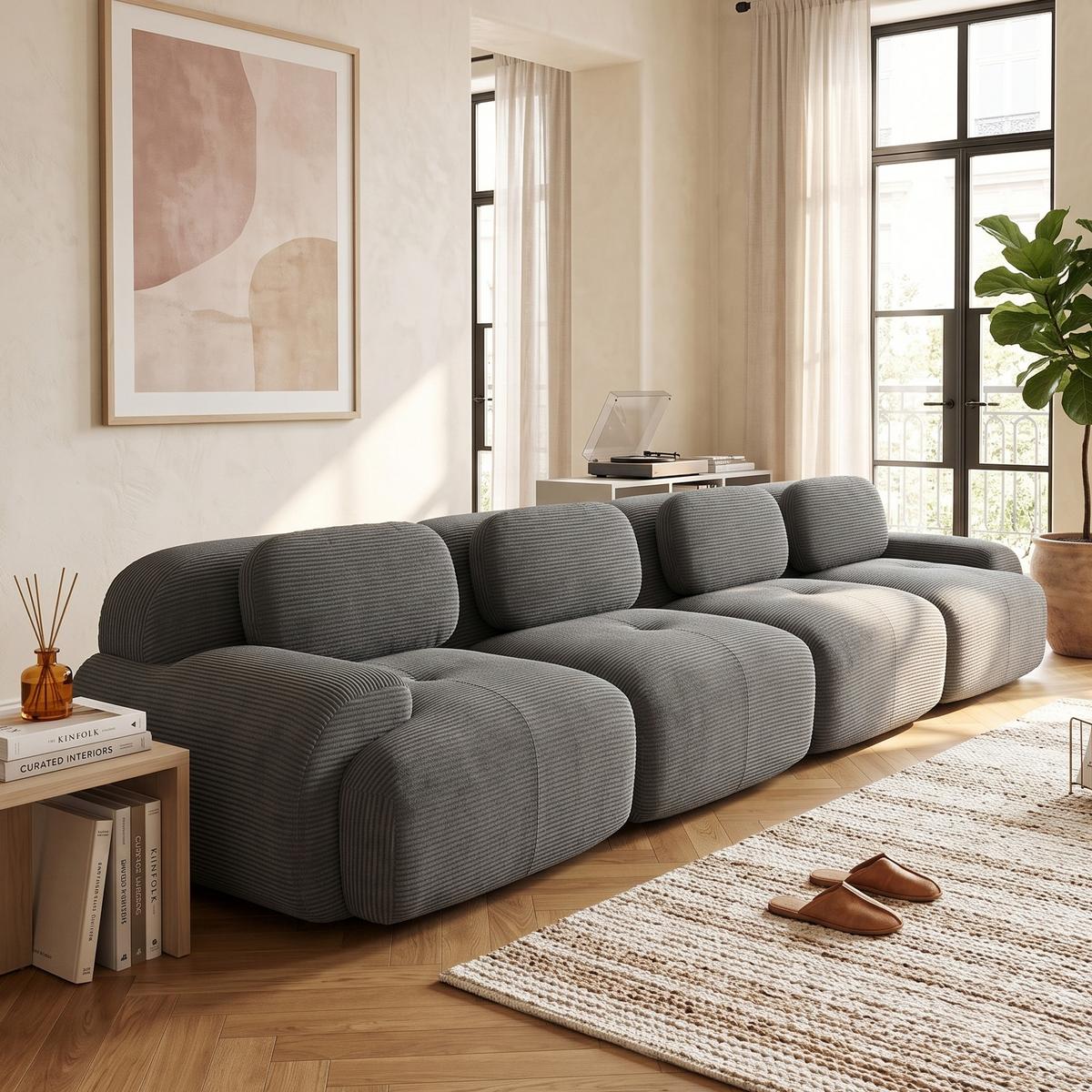 4-SITZER SOFA Modulares Boneless Cord Sofa Rahmenlos - Grau, Textil (388/75/103cm) - Urban Meuble