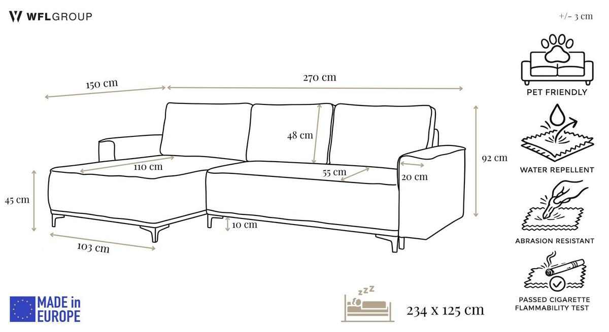 ECKSOFA Velora mit Schlaffunktion & Stauraum, Universell Rechts/Links, Beige Samt 270/92/150 cm - Ecru/Schwarz, Textil/Metall (270/150cm) - WFL GROUP