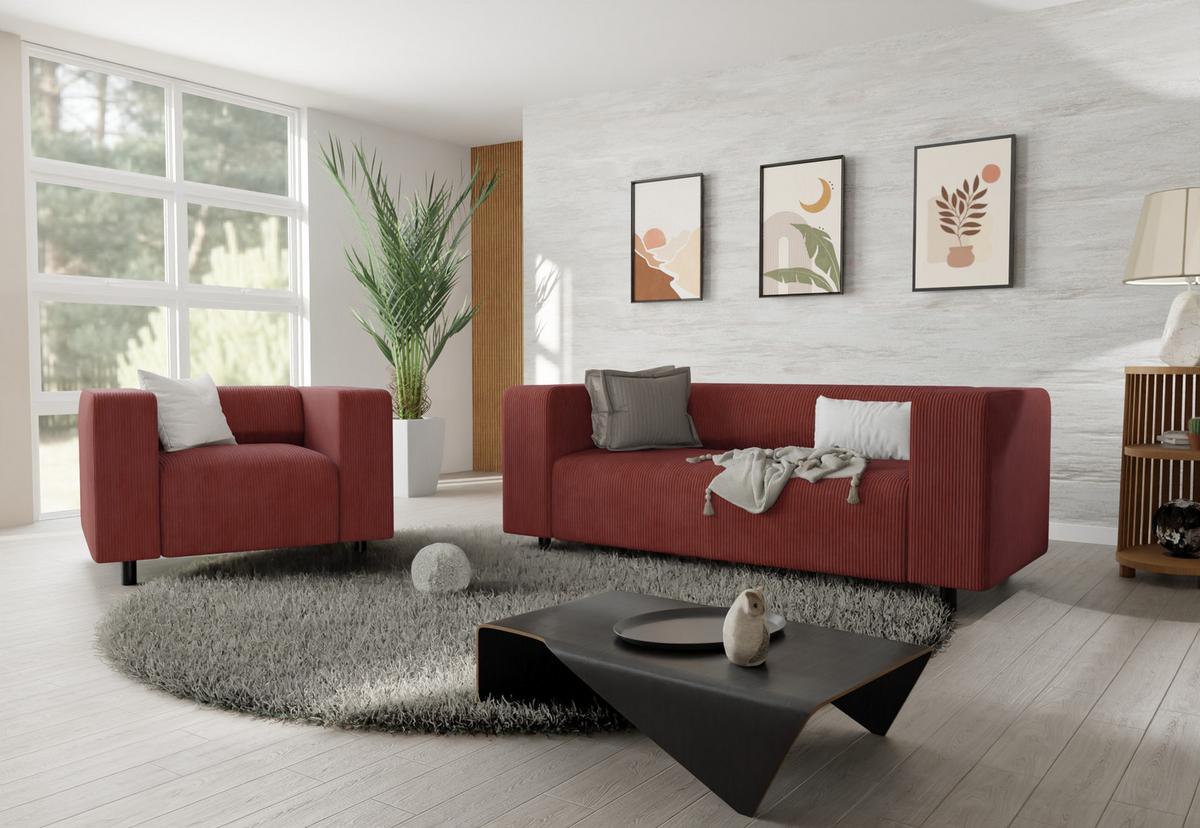 SITZGARNITUR 2+1 Tove Terrakotta Cord - Terracotta/Schwarz, Holz/Kunststoff (151/65/80cm) - S-Style Möbel