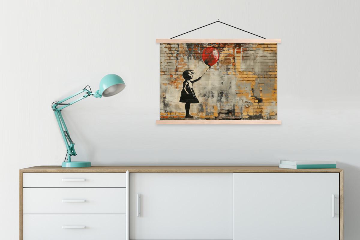POSTER MIT MAGNETLEISTEN Graffiti - Banksy - Mädchen - Straßenkunst Wanddeko 90x60 cm - Sandfarben, Textil (90/60/0.15cm) - MuchoWow