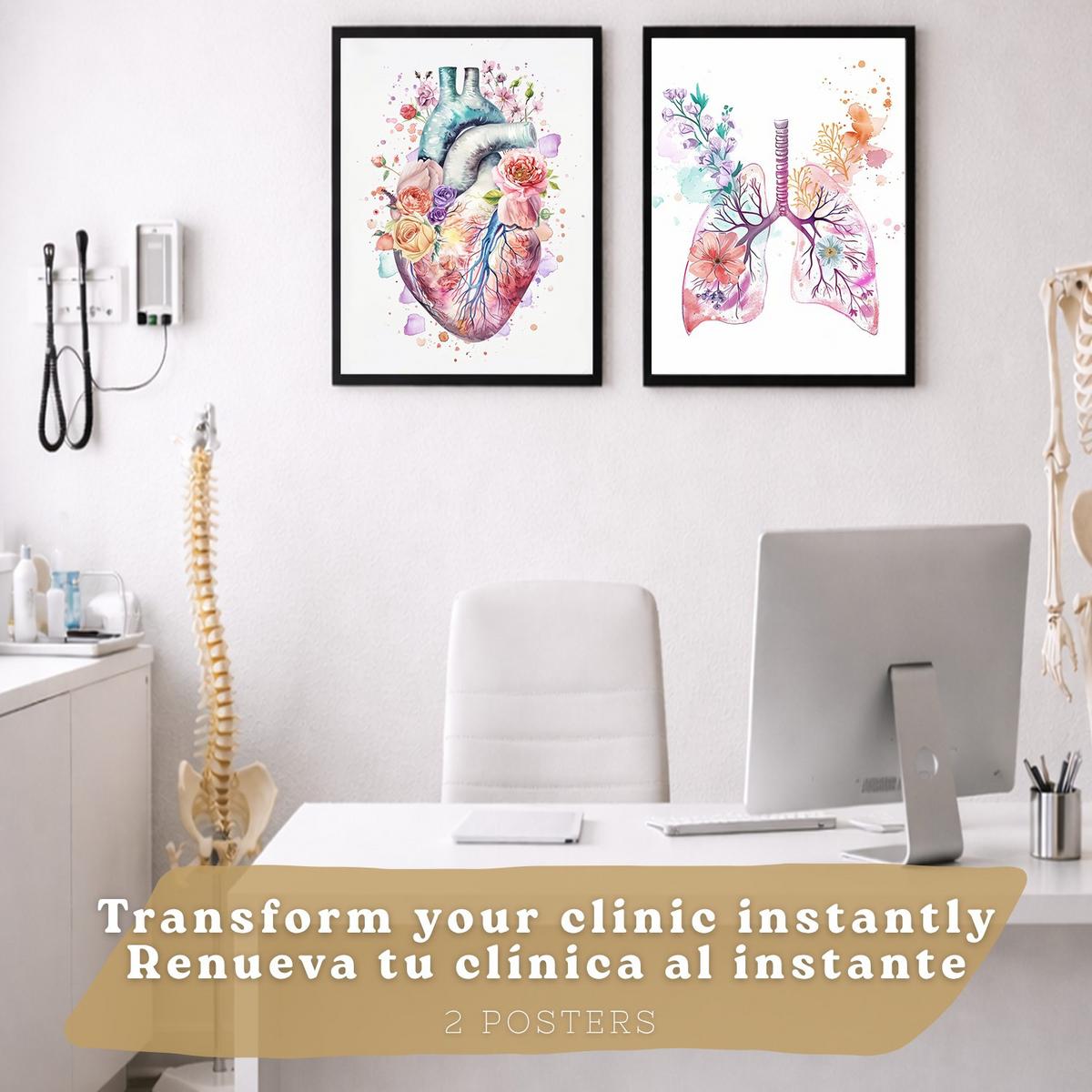 POSTER Set aus 2 Anatomie Mensch Drucke und Wandbilder mit Herz und Atmungssystem Floraler Stil Medizinische Wanddekoration Größe Schwarzer Rahmen A4 - Schwarz, Papier (21/29.7/3cm) - Nacnic