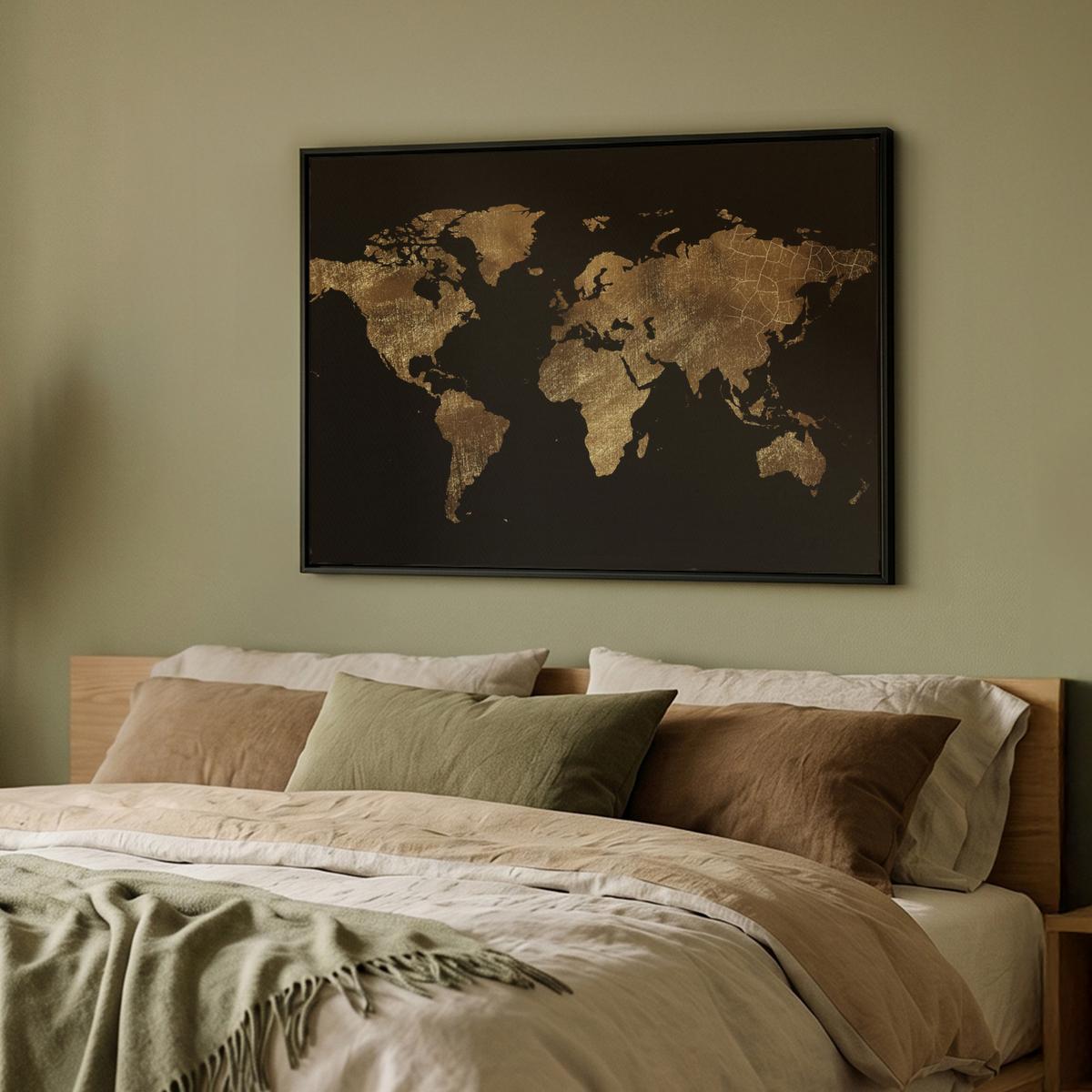 LEINWAND Bilder mit Rahmen - Weltkarte - Gold - Luxus - Erde - Schwarz - 100x70 - Goldfarben, Textil (100/70cm) - MuchoWow
