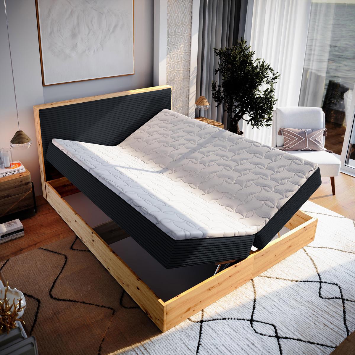 BOXBETT VERDON 160x200 cm mit Matratze und Topper - Schwarz - Schwarz, Holz (160/200cm) - MASSENO