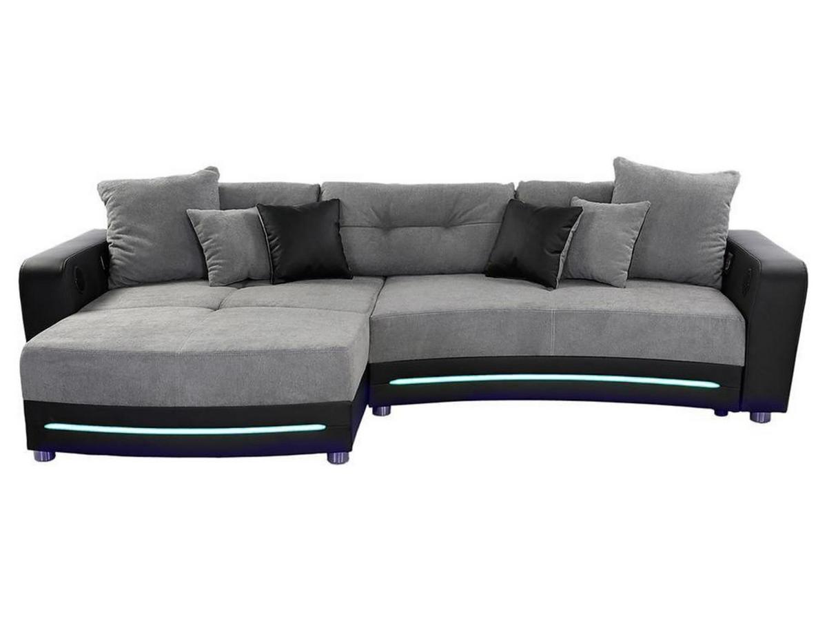 MULTIMEDIA-ECKSOFA Soundsystem RGB-LED Beleuchtung Bluetooth USB AUX-in,seitenverkehrt montierbar B322/T190/H88cm,Kunstleder Schwarz-Mikrof.Grau/15411 - Chromfarben/Schwarz, Kunststoff/Textil (322/88/190cm) - luma-home