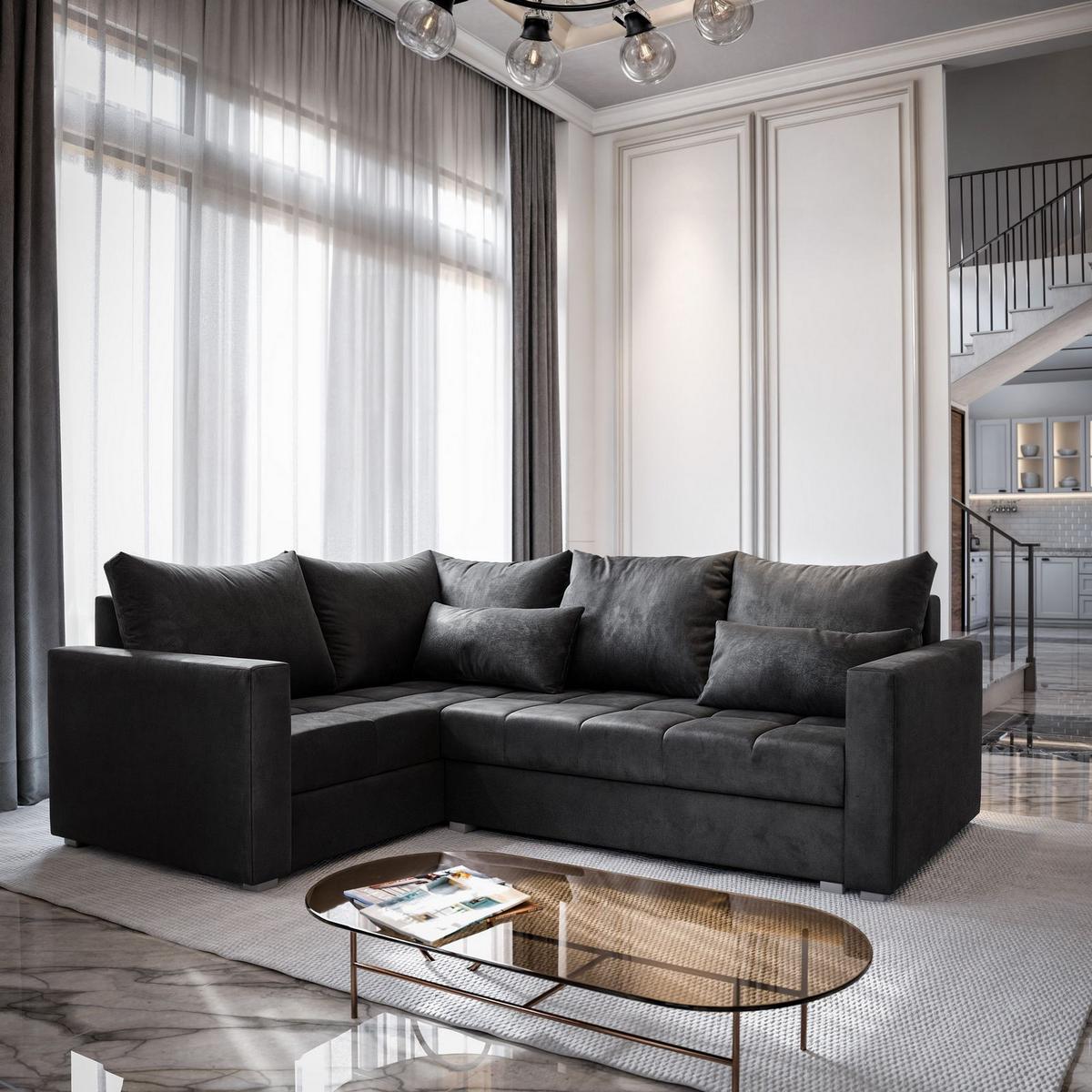 ECKSOFA LIRENO L-S Schwarz Plüsch-Stoff mit Schlaffunktion - Schwarz/Grau, Holz/Kunststoff (220/153cm) - MASSENO