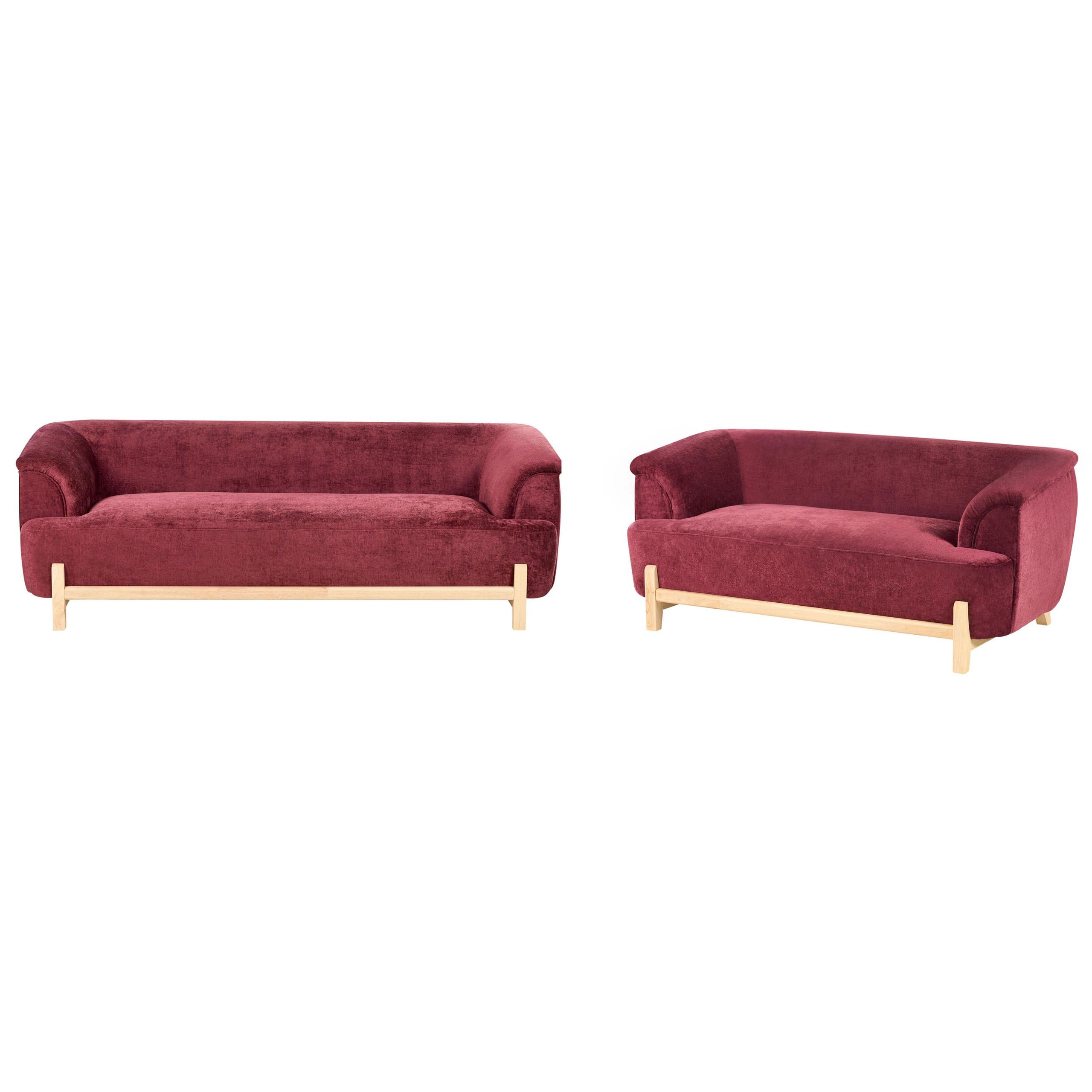 SOFA-SET 5-Sitzer Chenillegewebe Burgunderrot Alnor - Rot/Braun, Textil (205/67/85cm) - Beliani