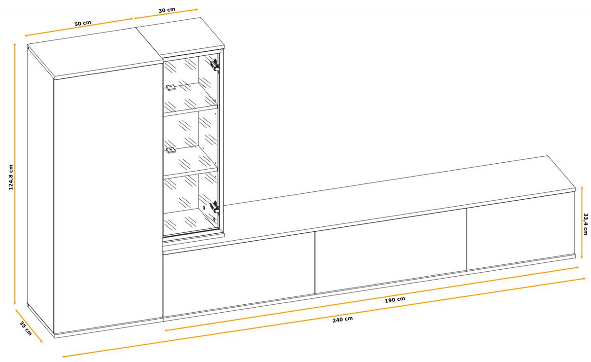 WOHNWAND Eiche, Kaschmir hängend 240 cm, Schrankwand mit Push-to-Open inklusive Beleuchtung - Kaschmir/Eichefarben, Glas/Holzwerkstoff (240/125/35cm) - Furn.Design