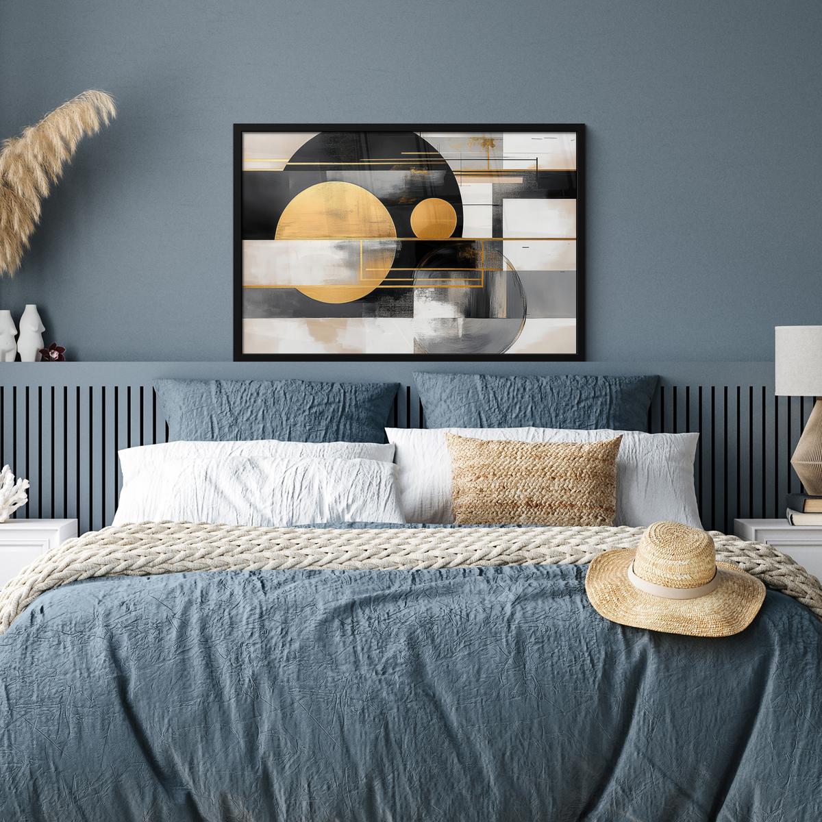 POSTER MIT RAHMENGERAHMTES BILD Abstrakt - Gold - Silber - Formen - Ästhetisch - Modern 90x60 cm - Goldfarben, Papier (90/60cm) - MuchoWow