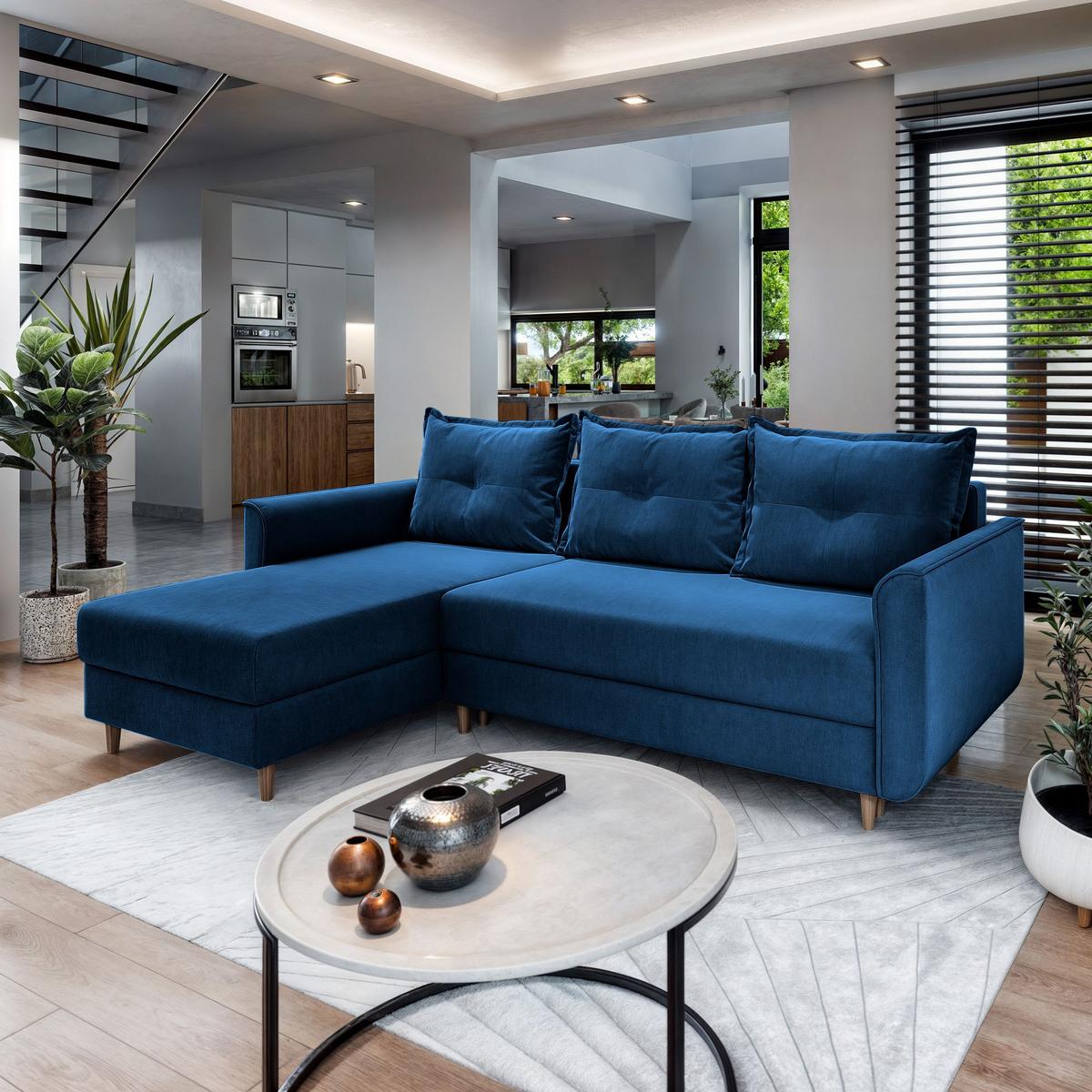ECKSOFA PISAN L-S Blau Plüsch-Stoff mit Schlaffunktion - Blau/Braun, Holz/Textil (220/140cm) - MASSENO