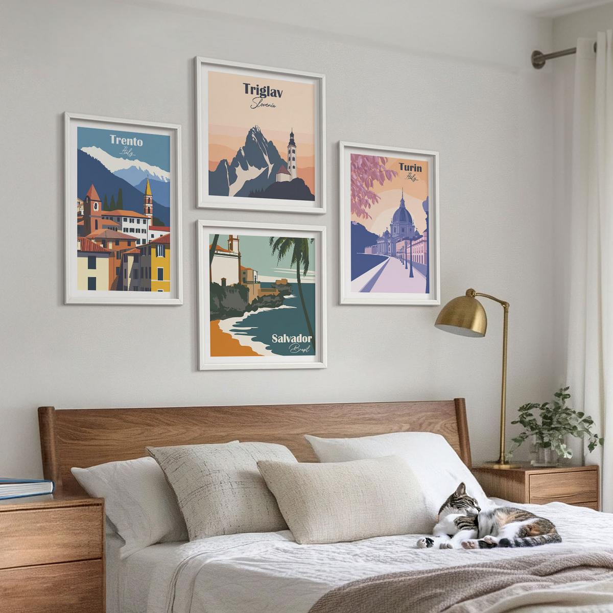 BILDER SET 4er Set - 50x50 cm & 40x60 cm Weißer Rahmen - Illustrationen zur Retro-Architektur der Berge - Weiß, Kunststoff (50/50cm) - TULUP