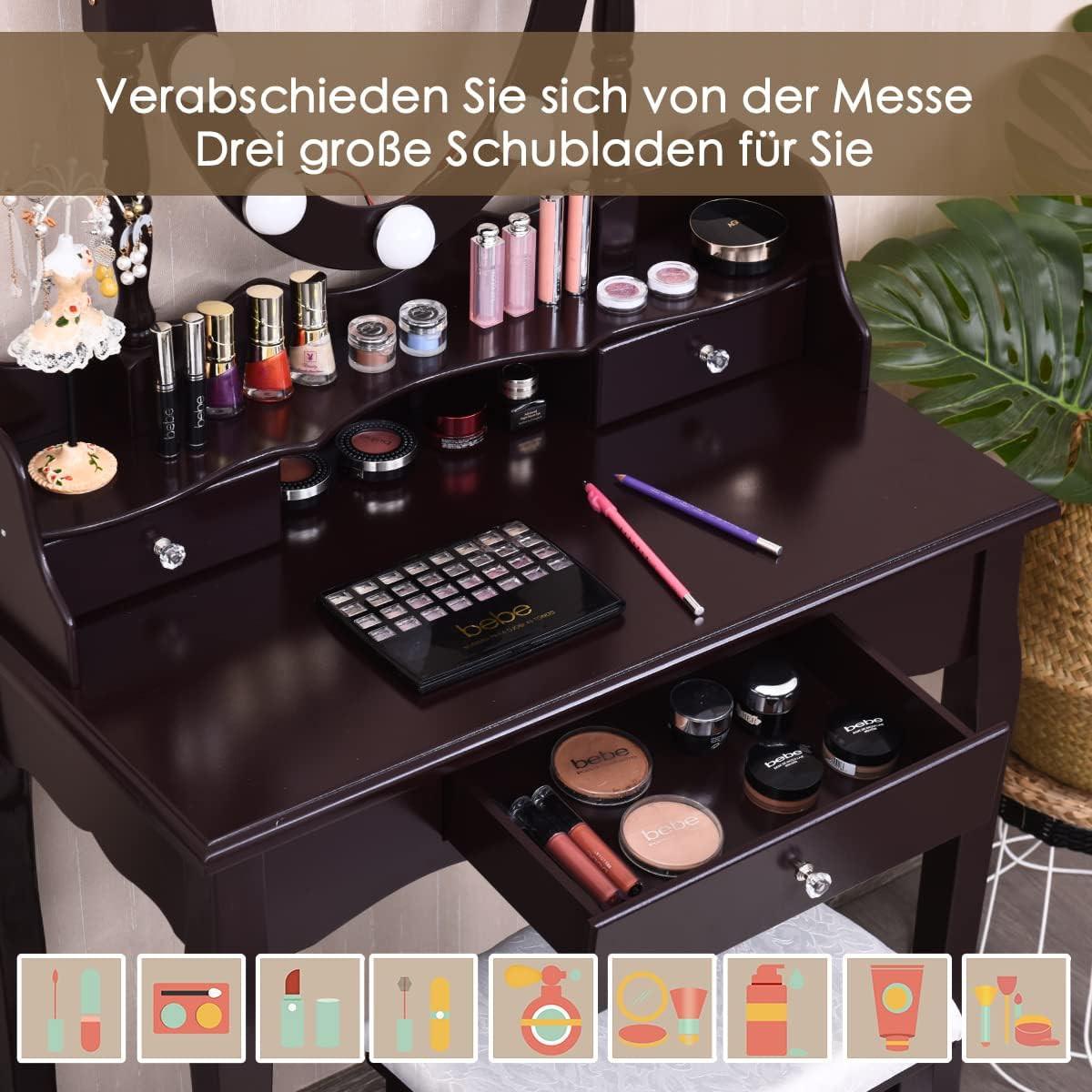 SCHMINKTISCH mit Hocker Weiß - Braun, Holz (70/144/40cm) - COSTWAY