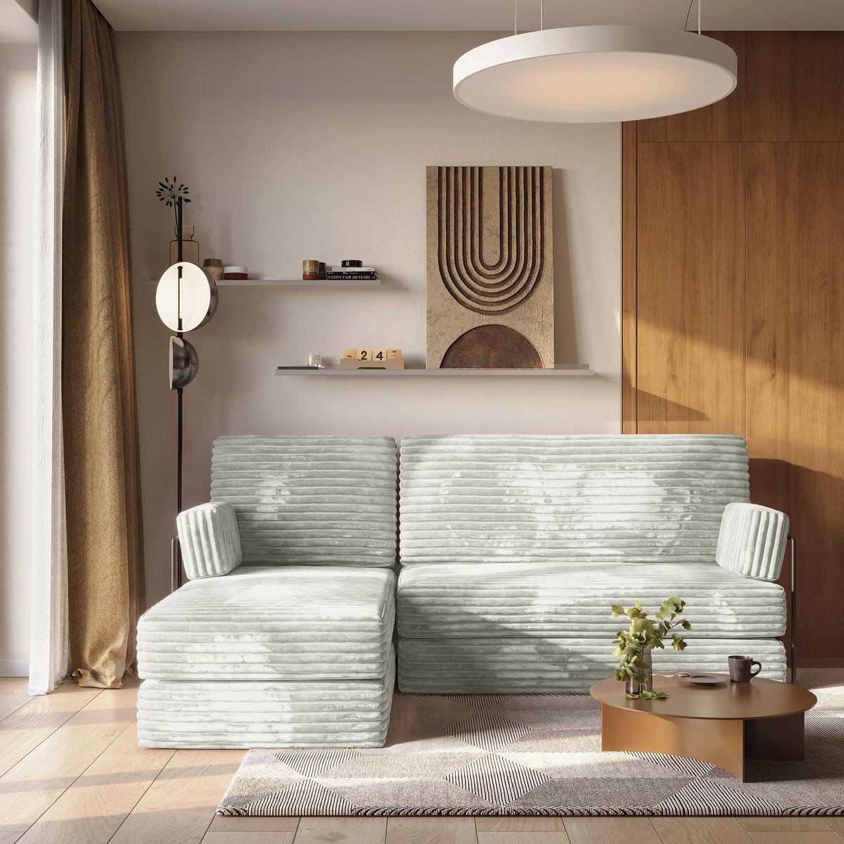 ECKSOFA NOTIA modulares Boneless Sofa mit Schlaffunktion Hellgrau Kordstoff - Hellgrau, Textil (200/120cm) - MASSENO