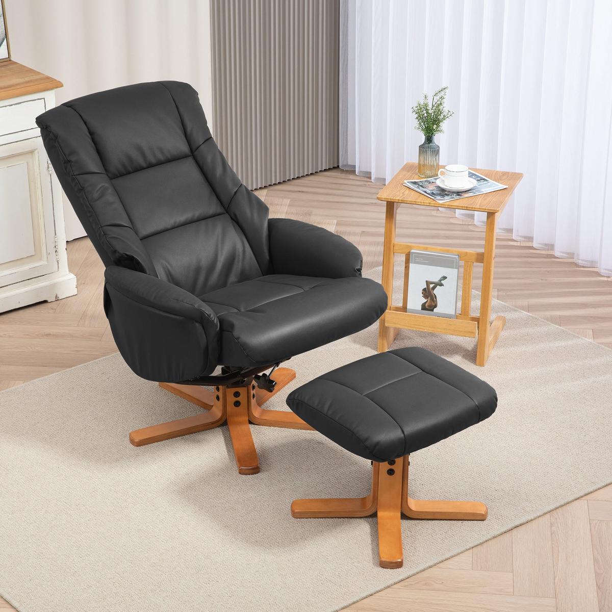 RELAXSESSEL mit Hocker, Fernsehsessel mit Liegefunktion, Wippfunktion, Schwarz - Schwarz, Leder/Holz (84/102/71cm) - HOMCOM