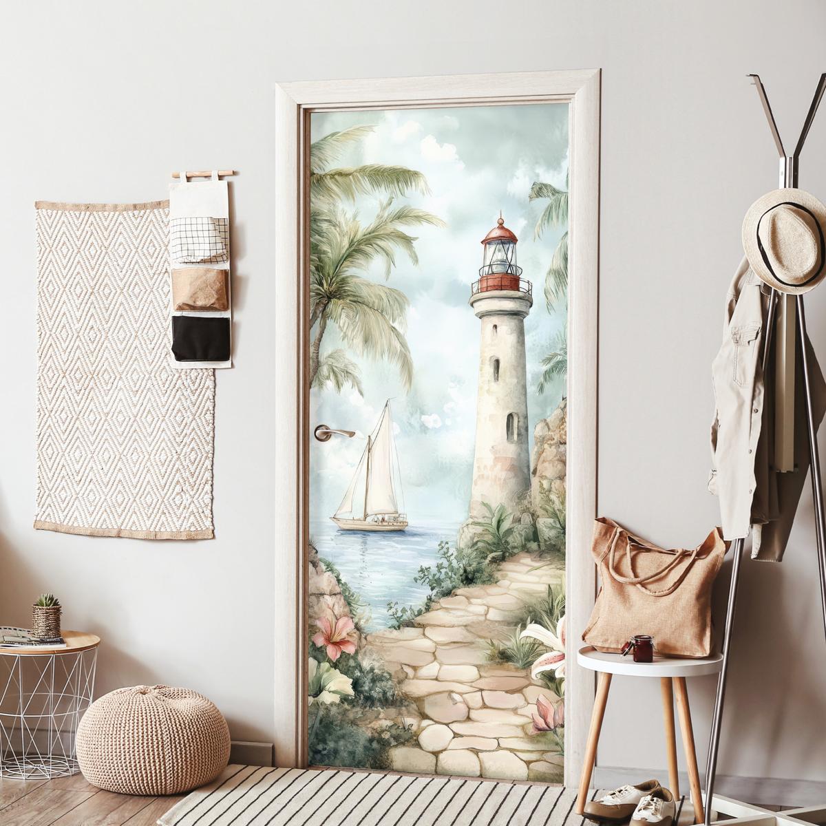 TÜRAUFKLEBER Leuchtturm - Natur - Landschaft - Boot Room Decor 85x205 cm - Türtapete - Eichefarben, Kunststoff (85/0.1cm) - MuchoWow