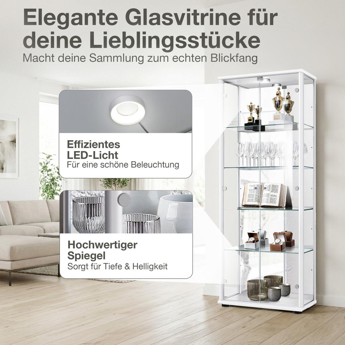 VITRINE 33/67/176 cm mit Spiegel, LED, Schloss & 4 höhenverstellbaren Glasböden - Transparent/Silberfarben, Glas/Holzwerkstoff (67/176/33cm) - K-Möbel